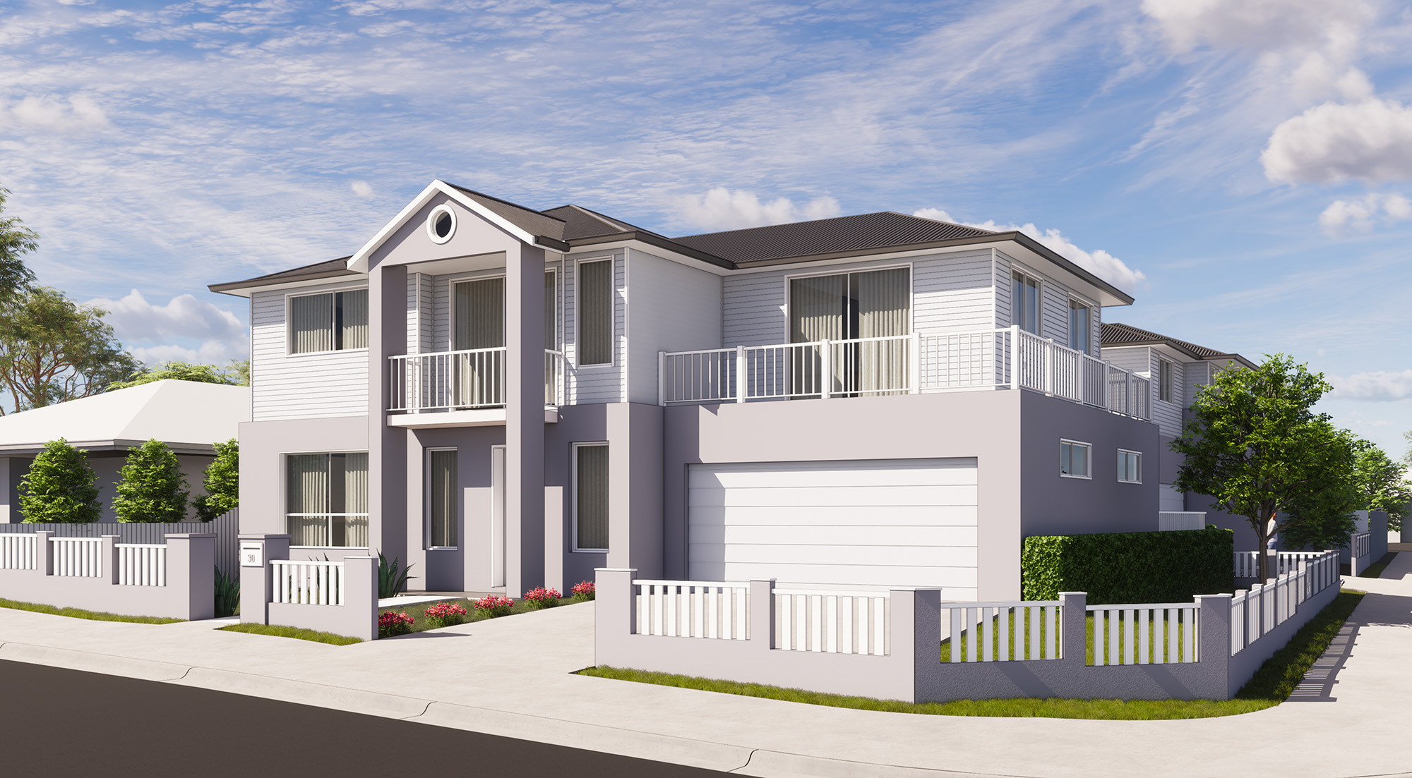 Render of the front dwelling of the Lidcombe detached dual occupancy, Hamptons-style two storey weatherboard home with gabled entry porch and double garage
