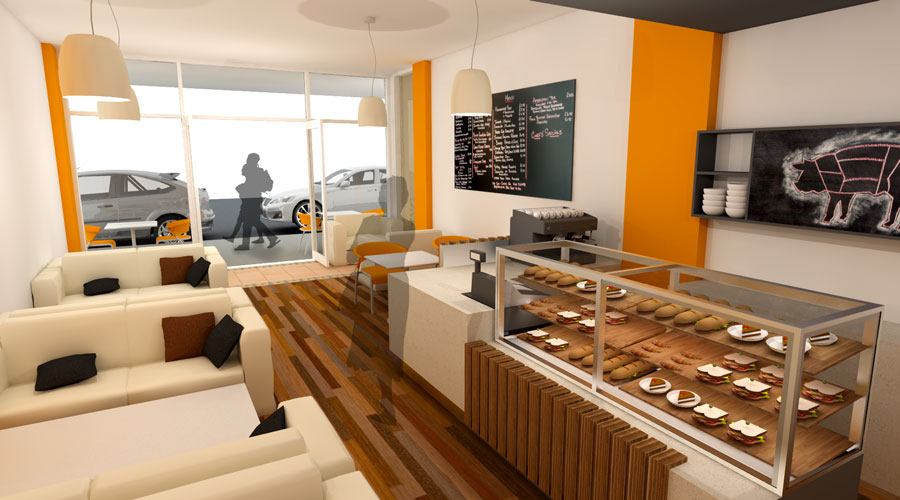 Render of the Rockdale cafe fit-out interior, seating area and a glass display counter with sandwiches and pastries