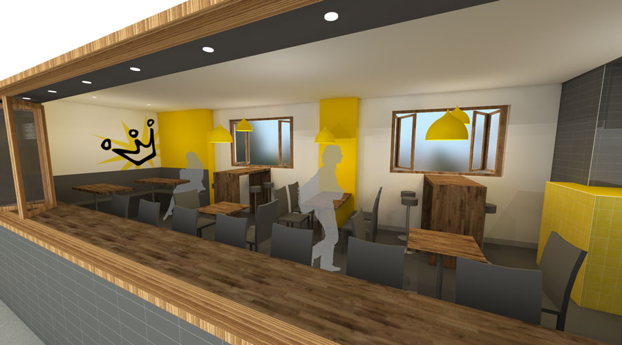 Render of the semi-alfresco dining area inside Snack King, with timber-lined booths and yellow feature walls
