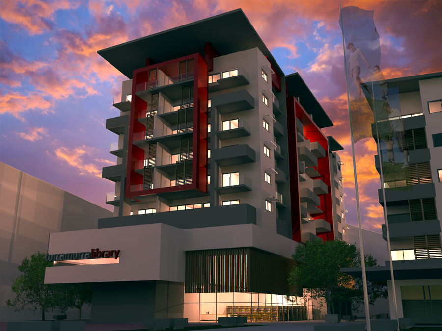 Night render of the Turramurra mixed-use concept, showing the lit apartment tower and ground-floor library entrance