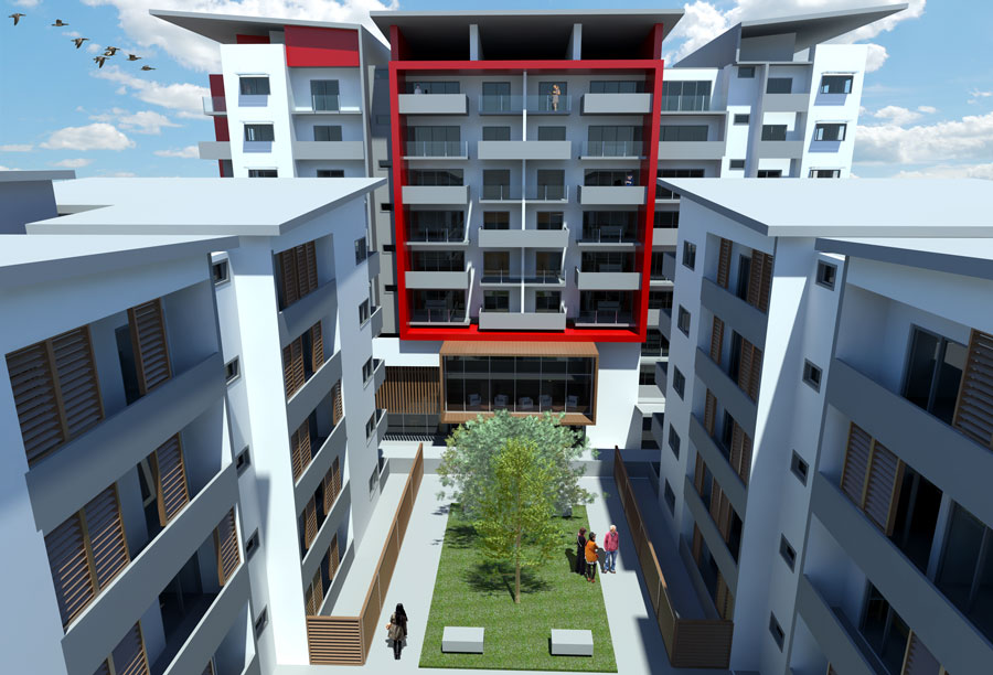 Aerial render of the Turramurra masterplan's central courtyard between the residential towers, with landscaping and a ground-floor pavilion