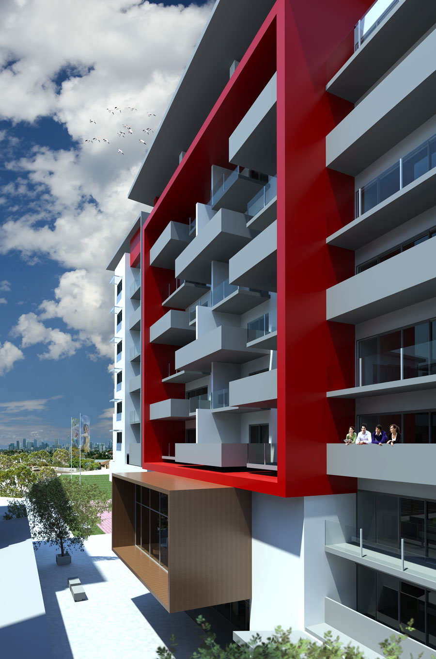 Close-up render of the red-framed balcony facade on the Turramurra apartment tower, with the Sydney skyline visible in the distance