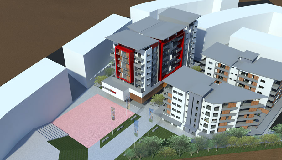 Aerial site render of the Turramurra mixed-use masterplan showing the tower, plaza and surrounding town centre buildings