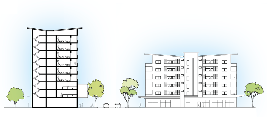 Architectural section and street elevation drawings of the Turramurra apartment tower and library building