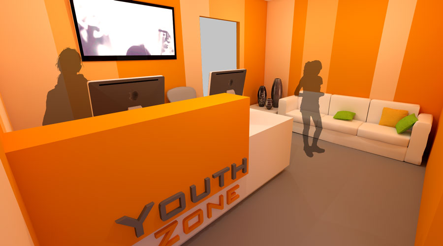 Render of the Youth Zone reception desk in Hurstville, with an orange striped feature wall, wall-mounted screen and lounge seating