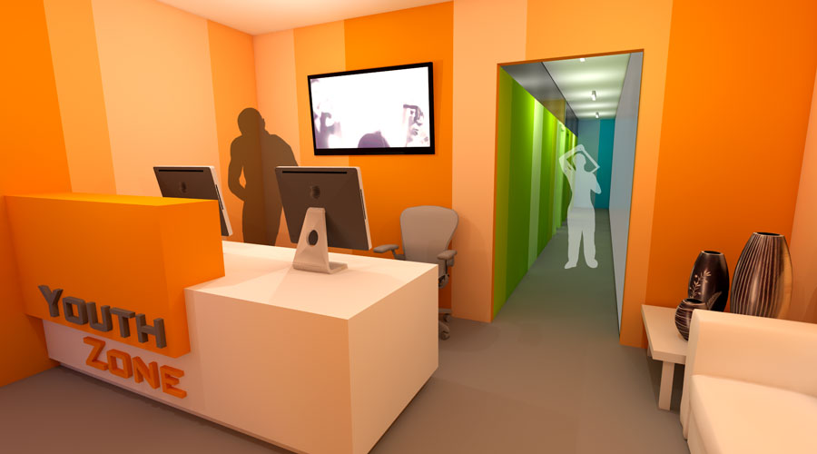Render of the Youth Zone reception area looking down a green-lit corridor toward the consultation rooms