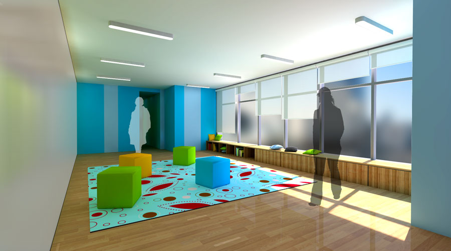 Render of the relocated Youth Zone activities room with full-height glazing, timber flooring and a patterned rug with coloured ottomans