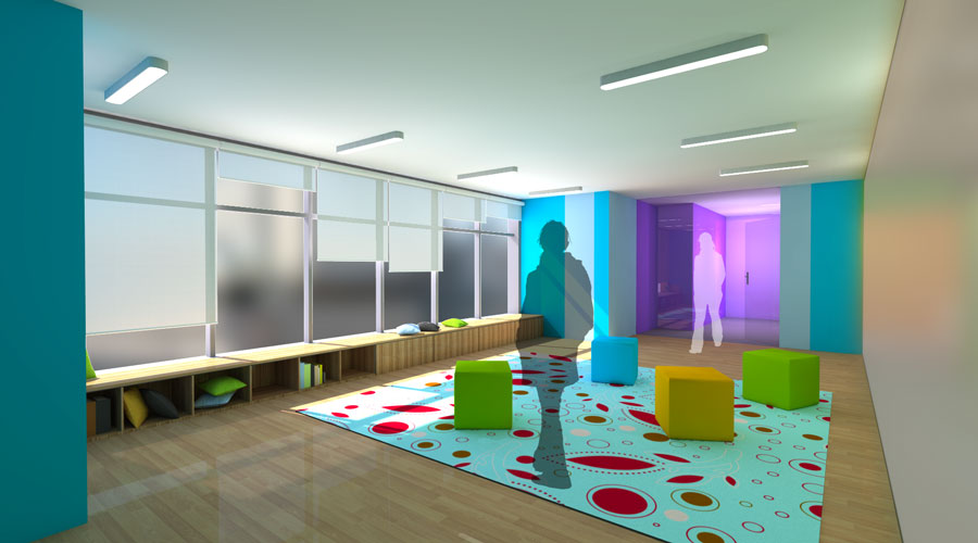 Render of the Youth Zone activities room looking toward a purple-lit corridor, with built-in bench seating along the glazed wall