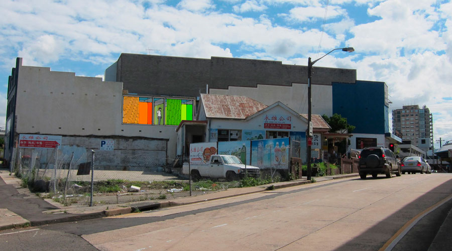 Street view render of the Youth Zone building in Hurstville showing the new coloured window feature within the existing facade